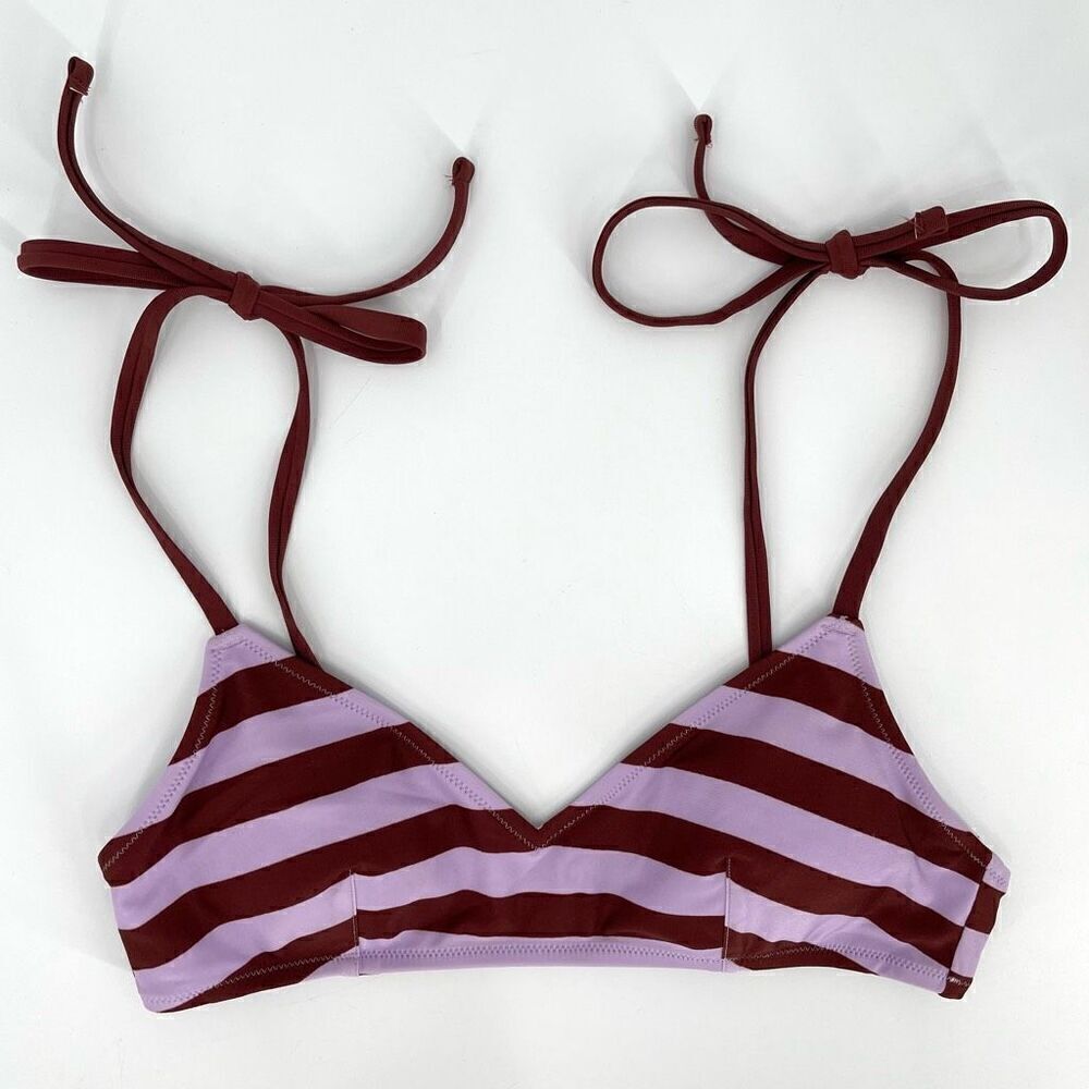 Aerie Stripe Scoop Bikini Top‎ Shoulder Ties Women Small Purple Brown NWT